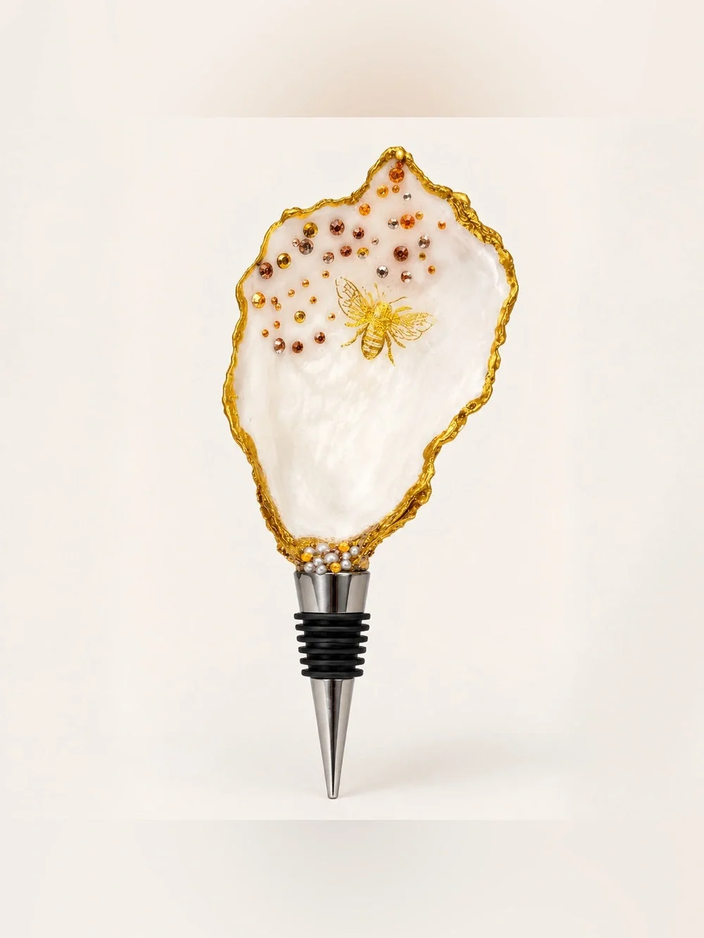 Gold & White Bee Oyster Shell Wine Stopper, Handmade by Me